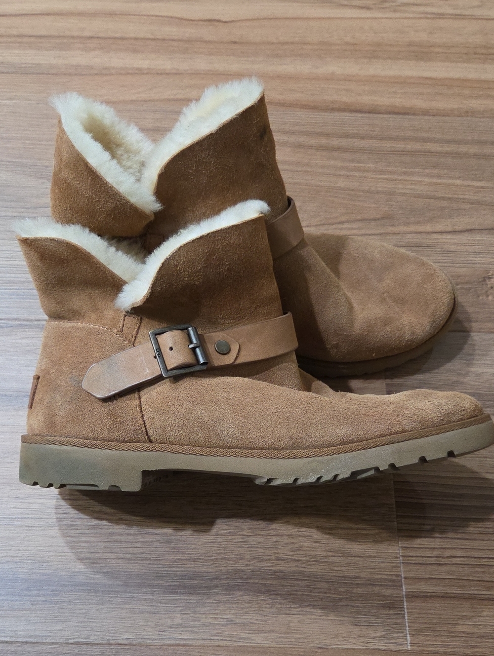 UGG Chestnut Suede Shearling Ankle Boots with Buckle Strap